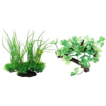 

2 Pcs Artificial Plastic Plants Grass Water Ornaments for Aquarium Fish Tank Decor Green, 18x20x9.5Cm & 10X8X6Cm