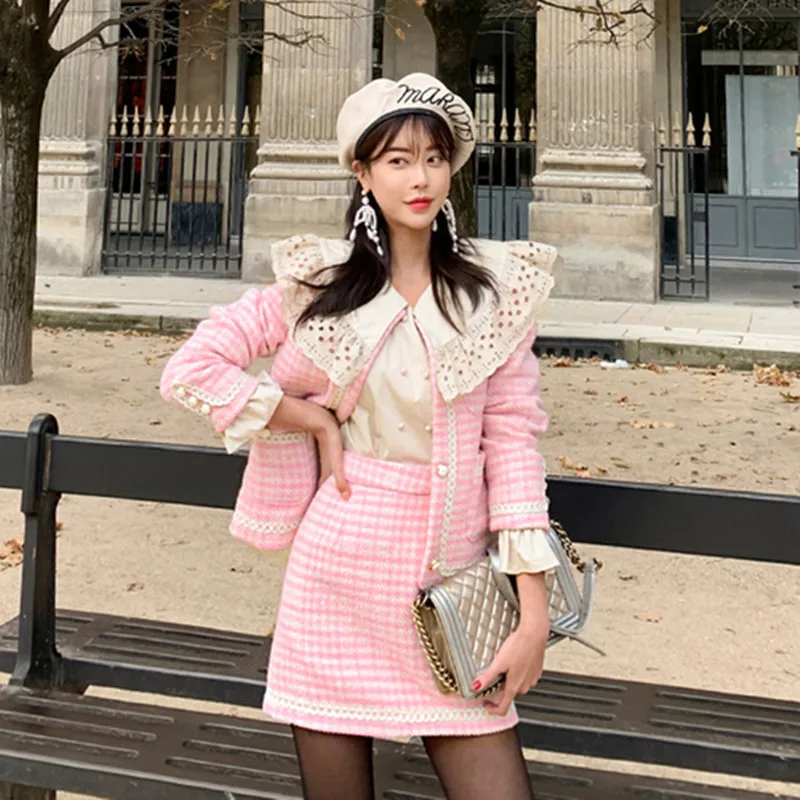 

Small Fragrant Wind Woollen Cloth 2 Piece Set Korean Edition Autumn Winter Women Fashion lattice Woollen Coat+Mini Skirt Set