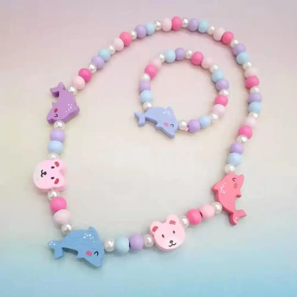 Charming Cartoon Animal and Flower Jewelry Set for Kids - Adorable Sweater Necklace and Bracelet Gift