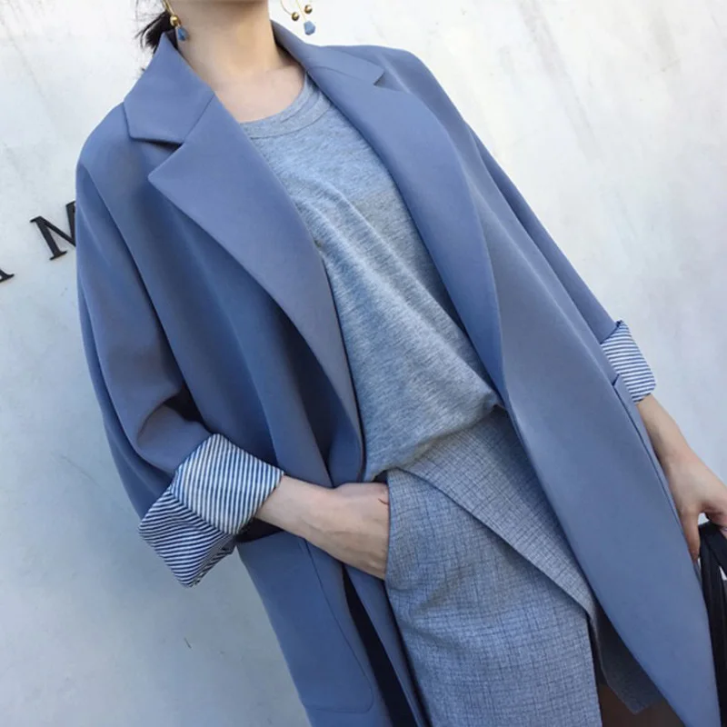 

Fashion V Neck Slim Bandage Long Blazer Women Solid Blue Full Sleeve Coat Dress Vacation Jacket Suits Autumn