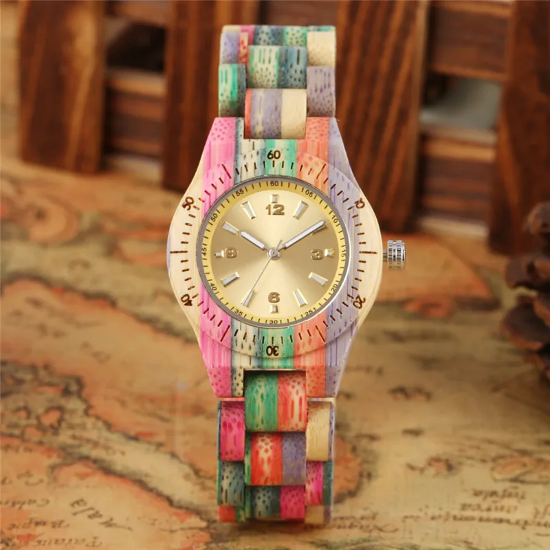 Colorful Natural Wood Women's Bamboo Wristwatch Lady Quartz Analog Watches Full Wooden Bracelet Clock Luminous Hands reloj