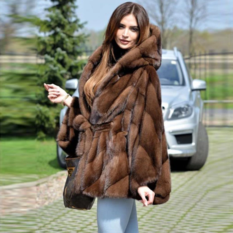 BFFUR, модная зимняя норковая Меховая куртка с капюшоном, натуральная женская шуба из натурального меха норки, пальто с рукавами летучая мышь с меховым поясом