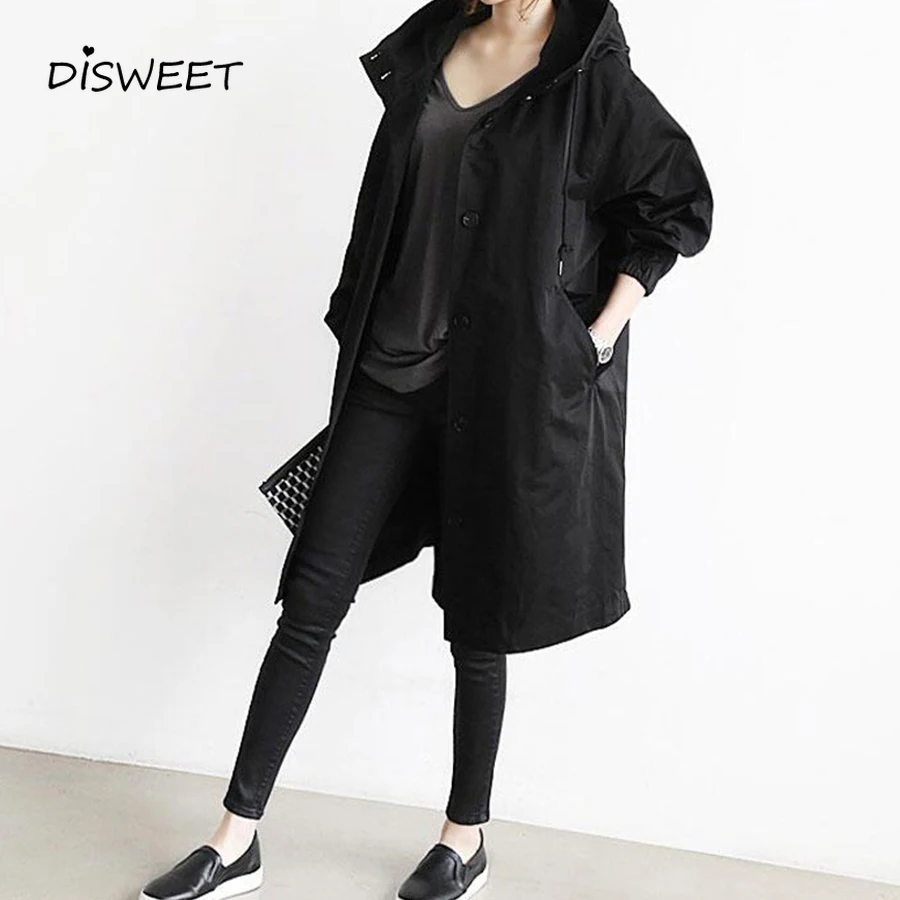 

Hooded Windbreaker Women Autumn Stylish Waterproof Button Loose Windbreaker Simple Slim Solid Plus Size Long Windbreaker Woman