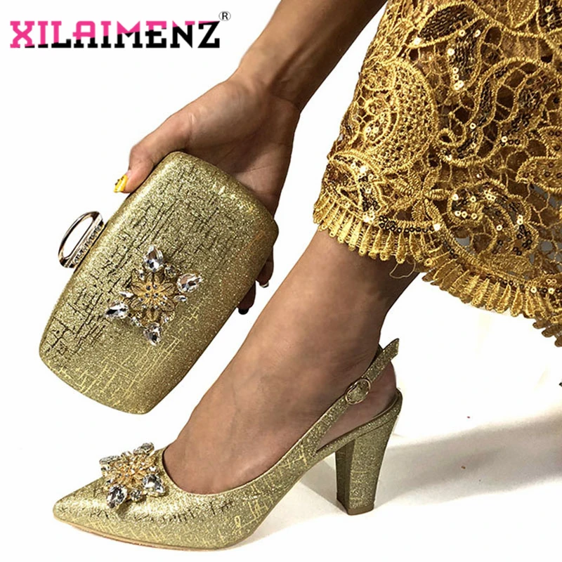 

High Quality 2019 Autumn Design Italian Ladies Party Matching Shoes and Bag Set in Golden Color Nigerian Women Shoe and and Bag