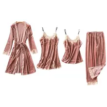 Для женщин пижамный комплект элегантные бархатный халат платье топы, штаны 4 шт./компл. пижамы JL