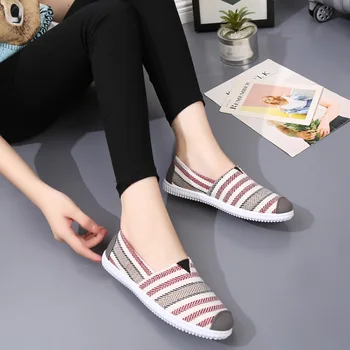 

Womens Canvas Light Hard-Wearing Women Flats Shoes Woman Rubber Canvas Embroidered Shoes Harajuku Espadrilles Loafers Stripe