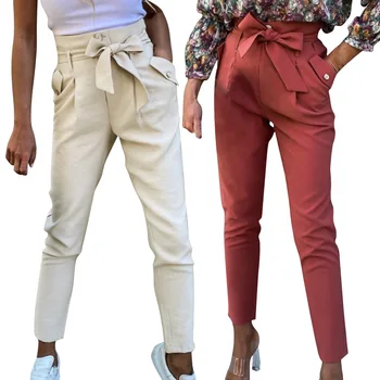 

Women Pencil Pants Lace Up Sashes Slim Casual Trousers High Waist Buttons Pockets Ankle Length Pants 2020 Summer Ladies Trousers