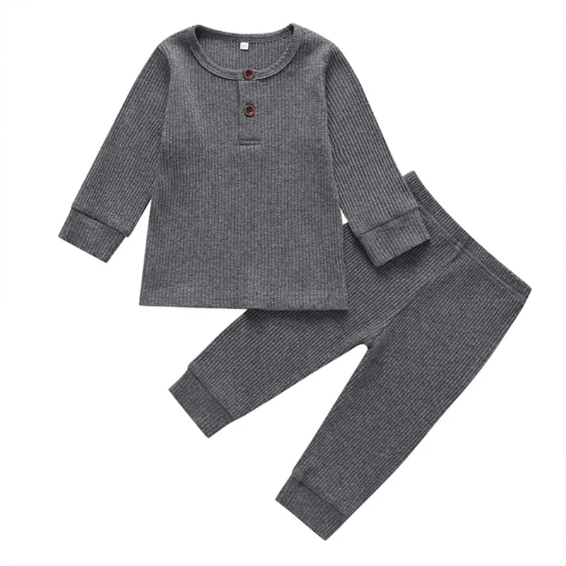От 0 до 3 лет, комплект одежды для новорожденных мальчиков и девочек, вязаный хлопковый топ с длинными рукавами и штаны, костюм милая простая одежда для сна, пижамный комплект - Цвет: Серый