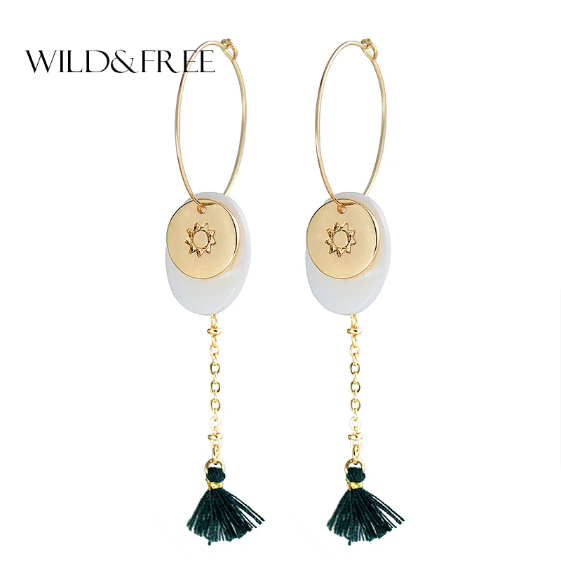 

Wild&Free Boho Jewelry Long Hoop Earrings Small Tassel Earrings For Women Sun Pattern Shell Round Pendant Circle Hoops Jewelry