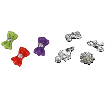 

40PCS DIY Metal 3D Nail Art Tip Decoration Mix Pattern Silver & 1 Bag 3D Mix Resin Rhinestone Glitter Bowknot Slice