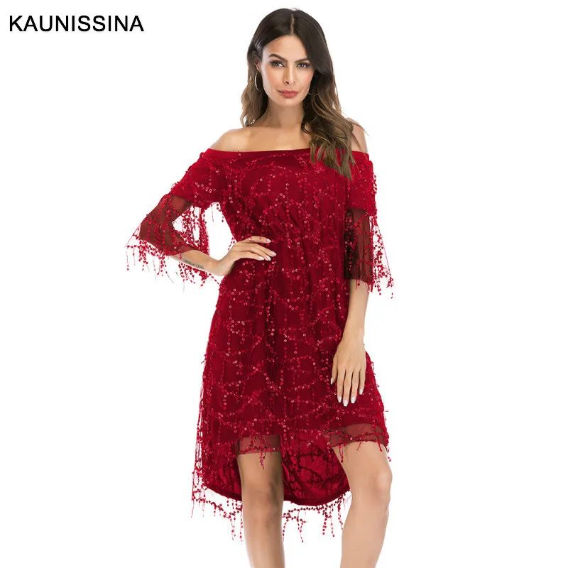 Wine Red KAUNISSINA, сексуальное коктейльное платье с открытыми плечами, с кисточками, вечерние платья 3/4, с расклешенными рукавами, Клубная одежда, вечерние коктейльные платья для выпускного вечера - Цвет: Wine Red