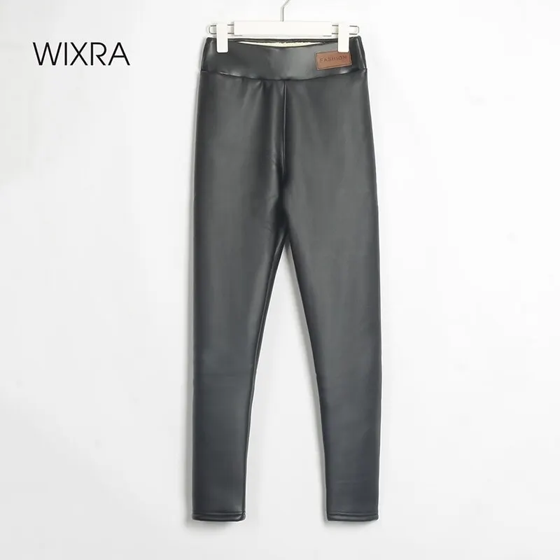 

Wixra Womens Winter PU Pants Skinny Thick Lamb Wool Fur High Elastic Waist Warm Faux Leather Solid Streetwear Fashion Clothes