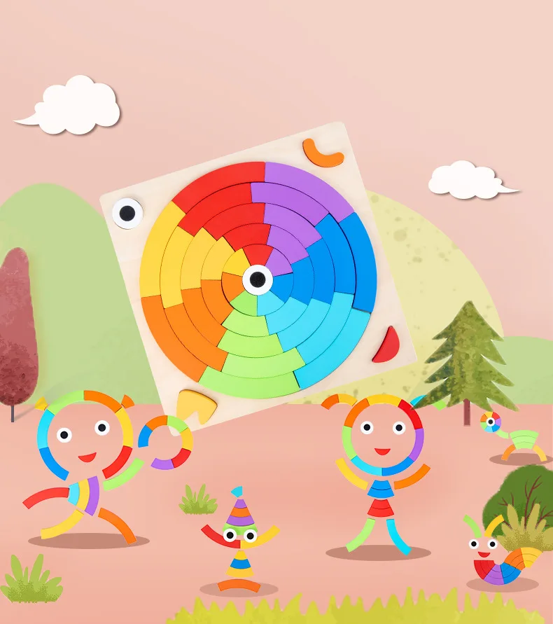 Brinquedos de Madeira Jogo de Correspondência Crianças Faça Você Mesmo Quebra-cabeça Arco-íris Sensorial Tangram Brinquedos Montessori Educação Imaginação Forma 6 Crianças diy quebra-cabeça arco-íris sensorial brinquedos de