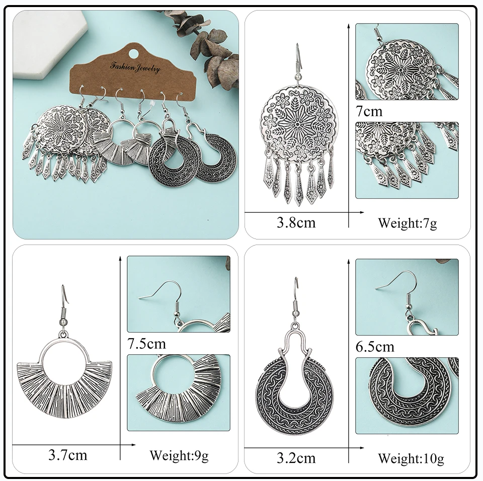 Bronze Silver Blue Ethnic Earrings Sets Jewelry Long Metal Tassel Hanging Dangling Earrings for Women (20)