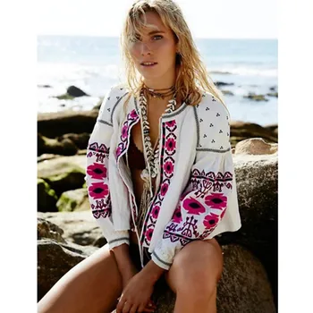 

BOHO Colors Flower Embroidery Jacket Ethnic Woman Lantern sleeve Lacing up Kimono Cardigan Jacket Coat Sunscreen Femme 3 colors