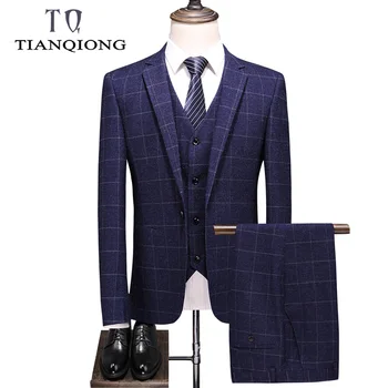 

Brand Man Suits Wedding Fashion Plaid Suits for Men Costume Homme Luxe Slim Fit Blue 3 Pieces Men's Suits Formal Dropshipping