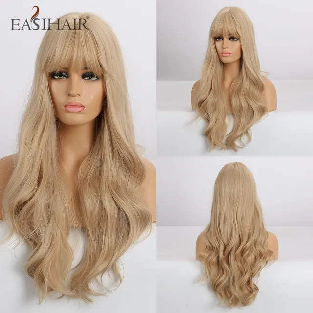 EASIHAIR Long Dark Brown Women's Wigs with Bangs Water Wave Heat Resistant Synthetic Wigs for Black Women African American Hair LC270N-1