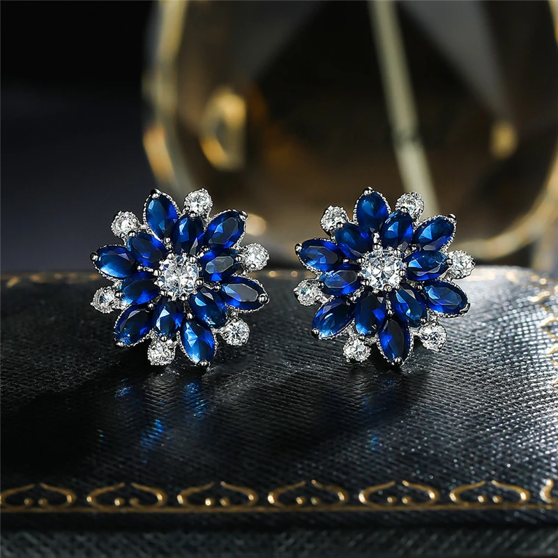 Pendientes de con forma de copo de nieve y cristal azul para mujer, aretes de tuerca de Color plateado, pendientes de boda de circonita con flores Vintage para mujer|Aretes| - AliExpress