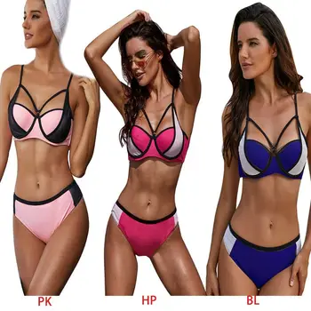 

Women Sexy Two Piece Bikini Half Cup Hollow Strappy Color Block Splice Swimsuit