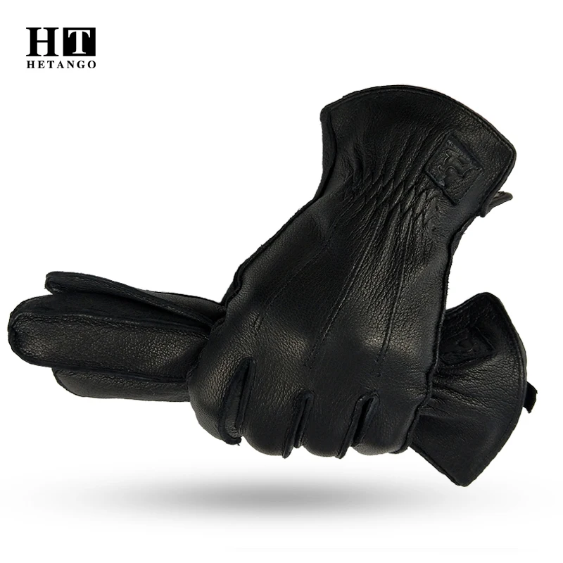 New winter men's leather gloves outdoor warm soft wear-resistant outer sewing black lines pattern deerskin mittens wool lining