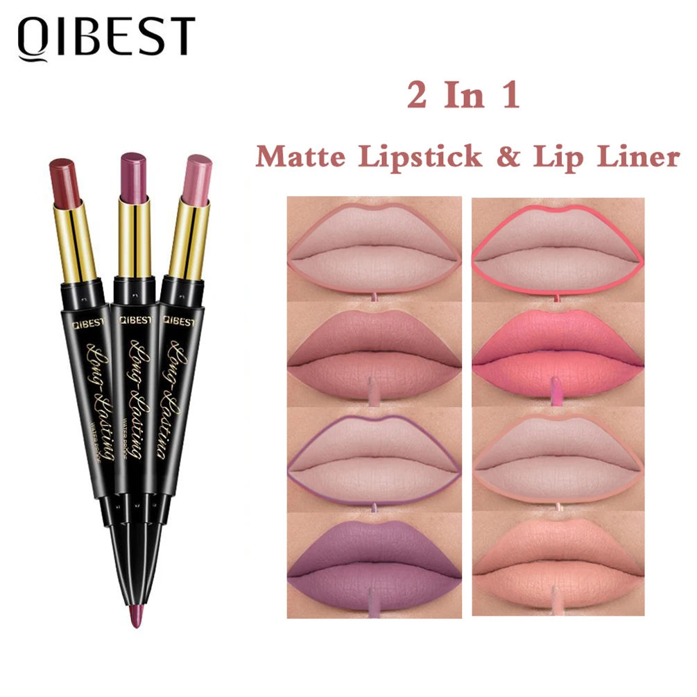 QIBEST 2 In 1 Matte Lipstick Lip Liner Nude Lipliner Makeup Waterproof Lipstick Pen Long Lasting Lip Pencil Makeup Lips Cosmetic 2