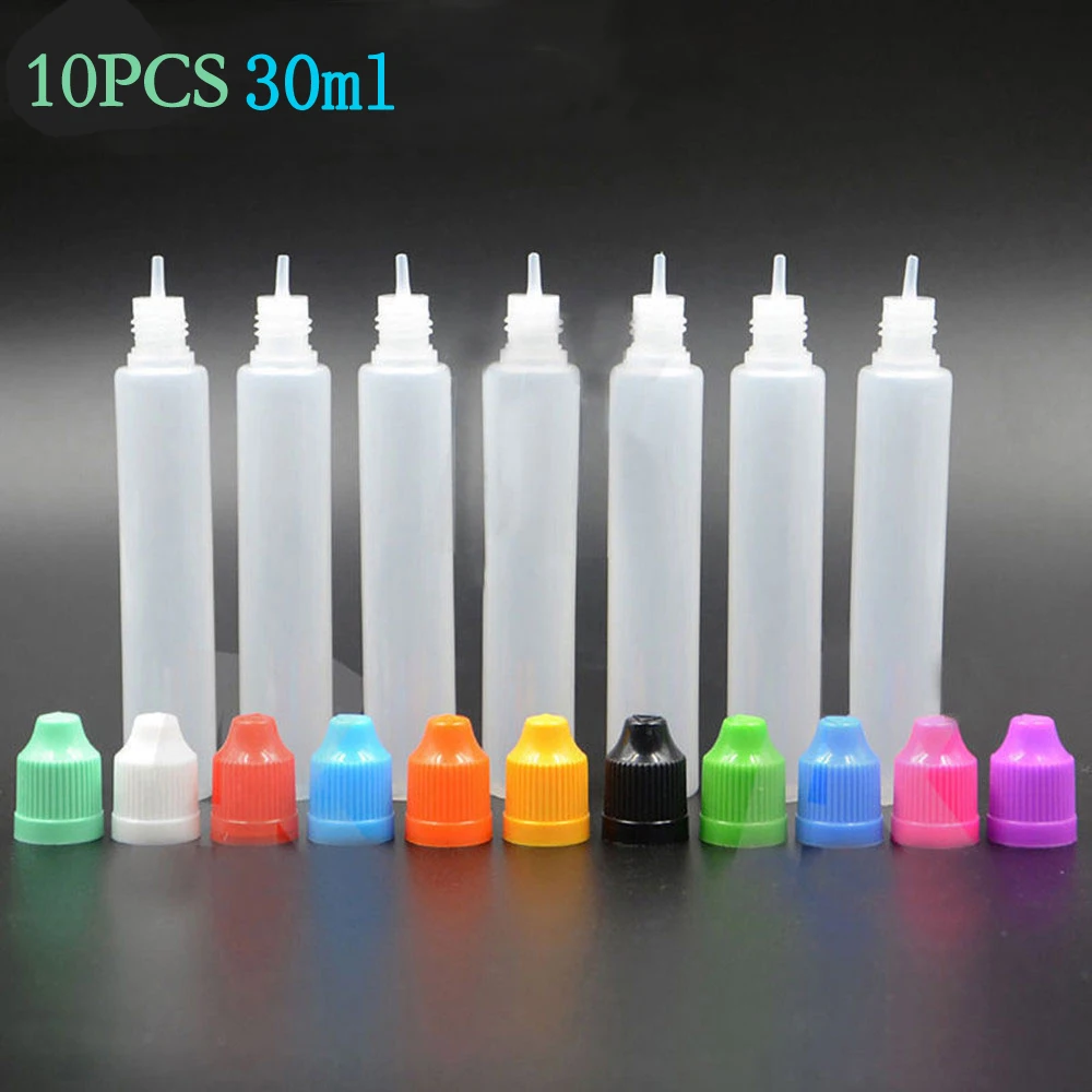 

10pcs 30ml Pen Dropper Bottles Empty Squeezable Eye Juice Liquid Containers with Child safety cover Long Dropper Tips + Funnel