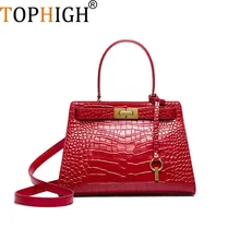 TOPHIGH женская сумка роскошная классическая сумка с текстурой под кожу крокодила из натуральной кожи Большая вместительная сумка через плечо