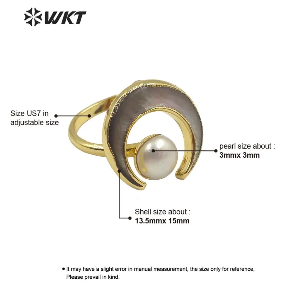 WT-R344 WKT кольцо с натуральным жемчугом кольцо в виде ракушки кольцо в форме Луны жемчуг и раковина Золотое кольцо с гальваническим покрытием регулируемое женское модное кольцо ювелирное изделие