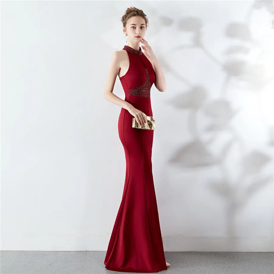 Платье русалки с разрезом, с открытой спиной, Robe De Soiree, DX282-5, размера плюс, бисероплетение, женские вечерние платья, длинные, с бретелькой через шею, тонкие вечерние платья