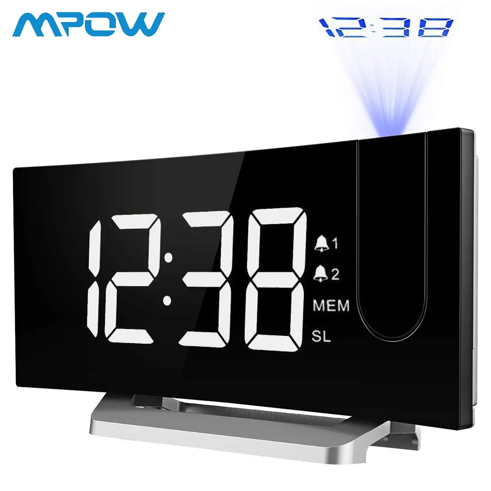 Mpow проекционные часы FM радио Будильник 5 дюймов изогнутый Экран цифровой двойные