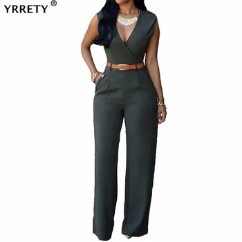 YRRETY-بذلة نسائية طويلة ضيقة ، ملابس رياضية ، لون سادة ، ياقة على شكل v ، بدون أكمام ، حزام ، ملابس رياضية أساسية ، عصرية 1