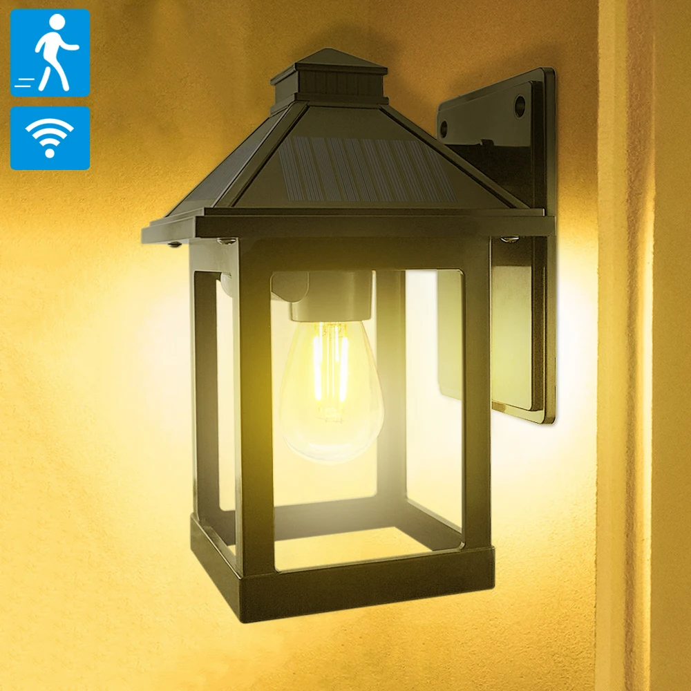 Solar Wall Lantern Lights with Motion Sensor, Outdoor Waterproof 3 Modes Warm White Lighting for Garage, Garden, Yard, Patio