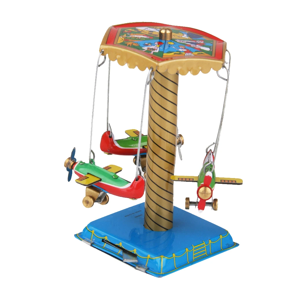 Vintage Style Wind-up Spinning Carousel Airplanes Merry Go Round Planes Tin Toy Gift