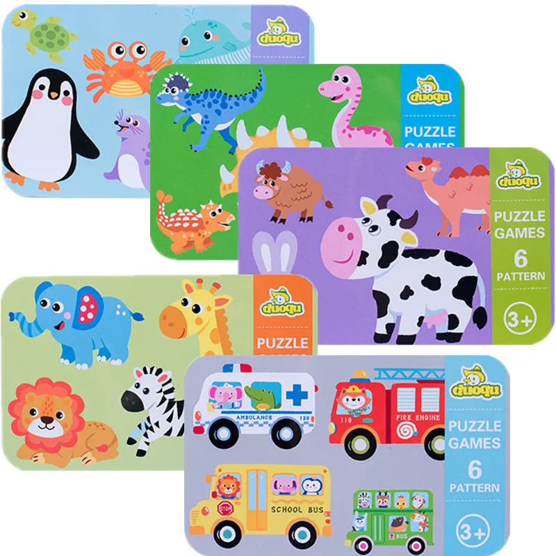 Детские новые деревянные головоломки детские ранние образовательные игрушки мультфильм животных дорожного движения деревянные пазлы шесть-в-одном игрушки