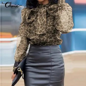 

Celmia Women Leopard Print Blouse Long Sleeve Bow Tie Chiffon Shirts Sexy See Through Mesh Tops Casual Loose Female Blusas S-5XL