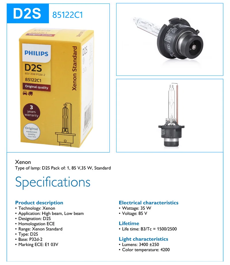 Philips HID D2S 35W Xenon Standard 4200K Auto Original Headlight