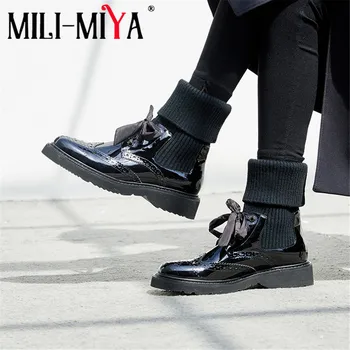 

MILI-MIYA Fashion Carving Pattern Genuine Cow Leather Knitting Ankle Boots Low Heels Round Toe Lace Up Winter Warm Leisure Style