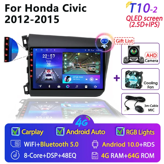 For Honda Civic 2012-2015 Android Car Radio 2 Din GPS navigation Multimedia Video Player RDS DSP 4G DVD Screen Floating stereo T10-2 Cam 4G 64G