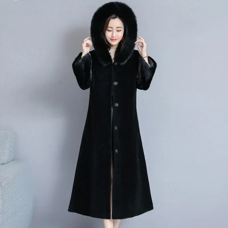 Женская куртка с воротником из искусственного лисьего меха Зимний модный длинный мнимый лисий мех пальто с капюшоном толстые теплые пальто женская верхняя одежда высокого качества