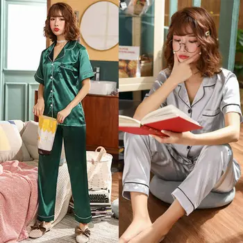 

Satin Silk Sexy Women Pajamas Set Sleepwear Lace Cotton Nightwear Soft Homewear Nightgown Silk Satin Pajamas Set