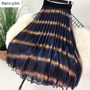 

Dream Rainbow Stripe Elastic Waist Mesh Skirt Women 2019 Summer Autumn New Fashion Gauze Skirts Girls Student Mid-calf Skirt