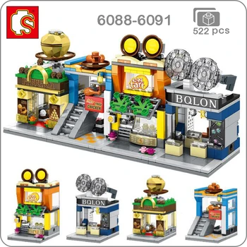 

Sembo City Street Chocolate Glasses Egg Tart Shop Store 3D Model DIY Small Blocks Bricks Building Toy 4Pcs for Children no Box