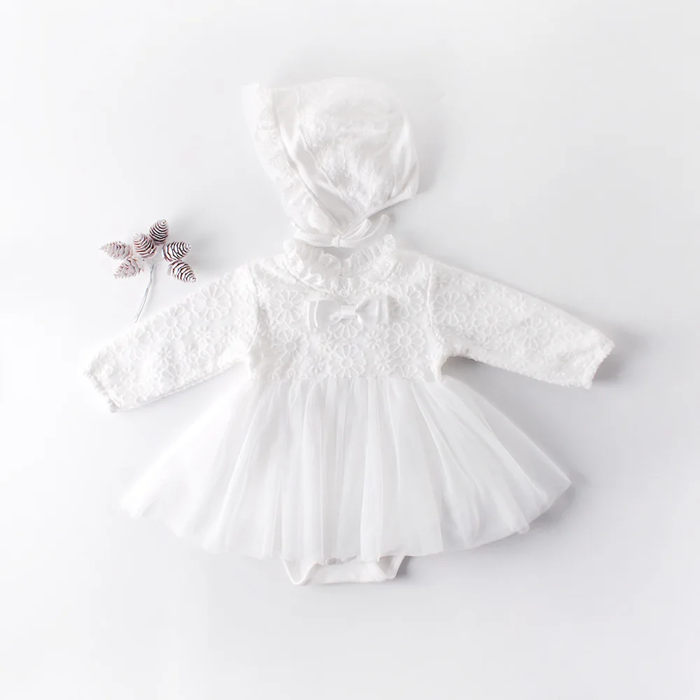 Koodykids/Боди для маленьких девочек; платье с длинными рукавами; весенние комбинезоны со шляпой; белые кружевные платья принцессы для девочек; осенняя одежда