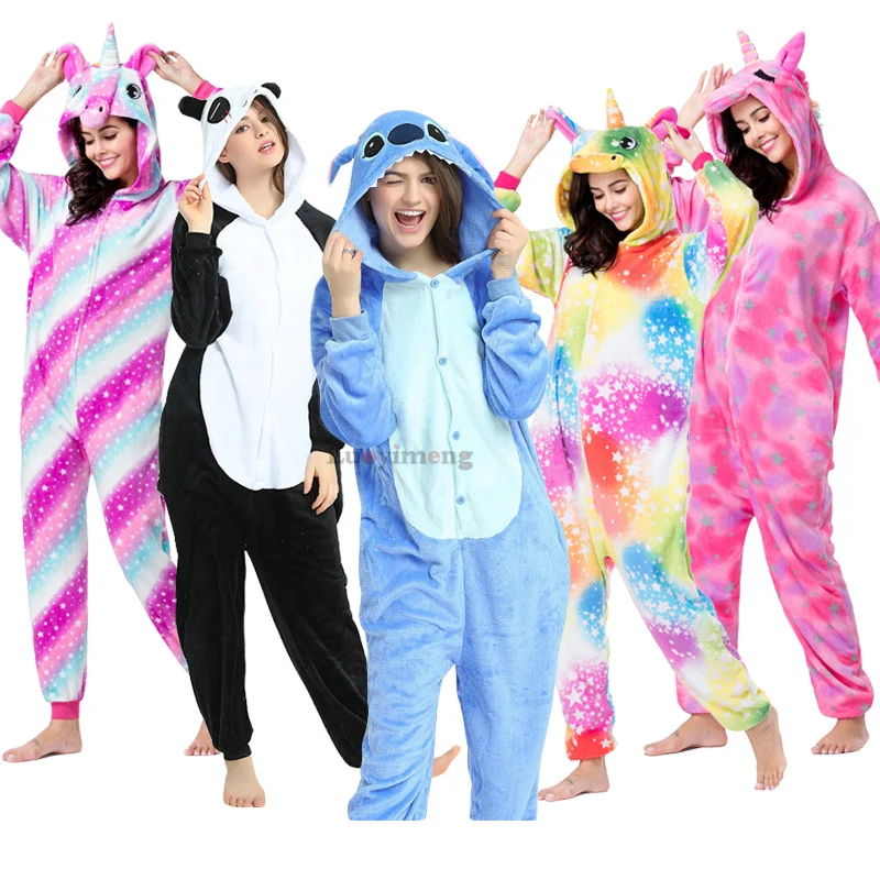 

Cute Cartoon Animal Stitch Pajamas Hooded Unicorn Pyjamas Winter Panda Kigurumi Overalls Women Men Nightwear Onesie For Adults