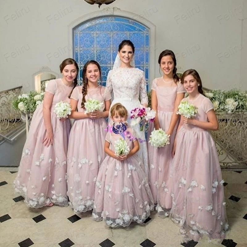 shuiyin91 2019 Sweet Flower Girl Dresses for Wedding Jewel Short Sleeve 3D Flowers Cheap Junior Bridesmaid Dress Kids Birthday Party Custom Made
