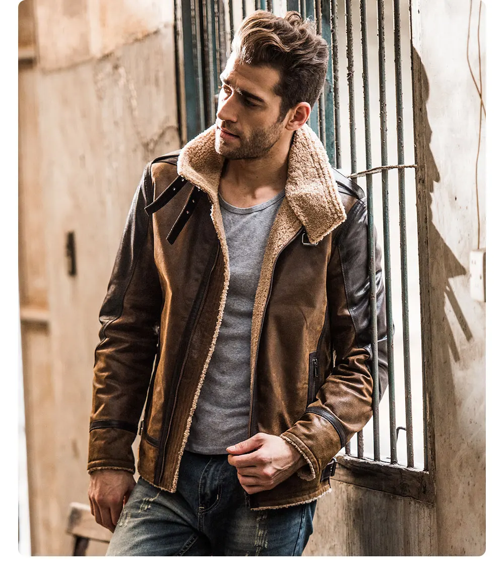 Bинтажная Kожаная куртка мужская, коричневый жакет из натуральной свиной кожи, двухсторонняя куртка на меху, байкерский стиль, на зиму