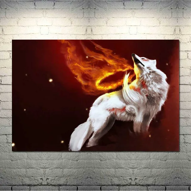 Đời Okami Chó Sói Lửa Thần Nóng Anime Nghệ Thuật Lụa Vải Poster In