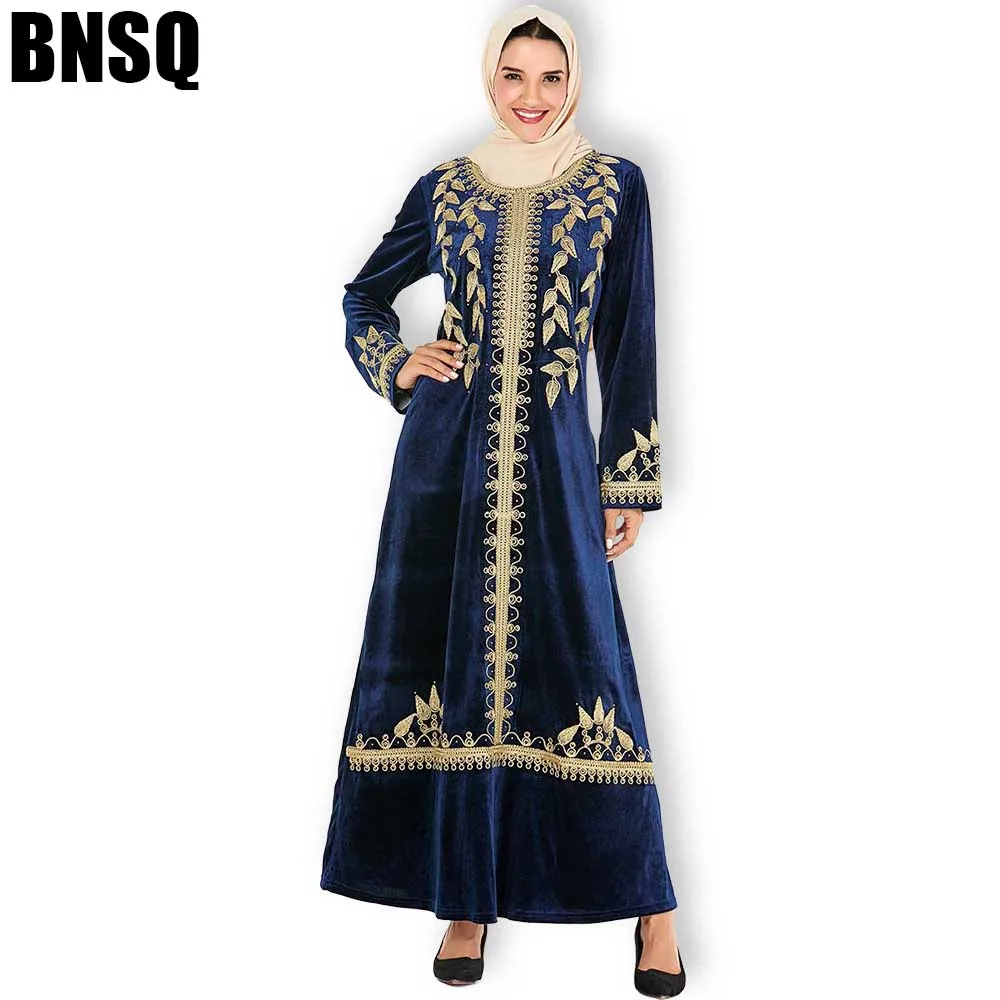BNSQ Макси платья бархатные с длинным рукавом золотая вышивка абайя мусульманский