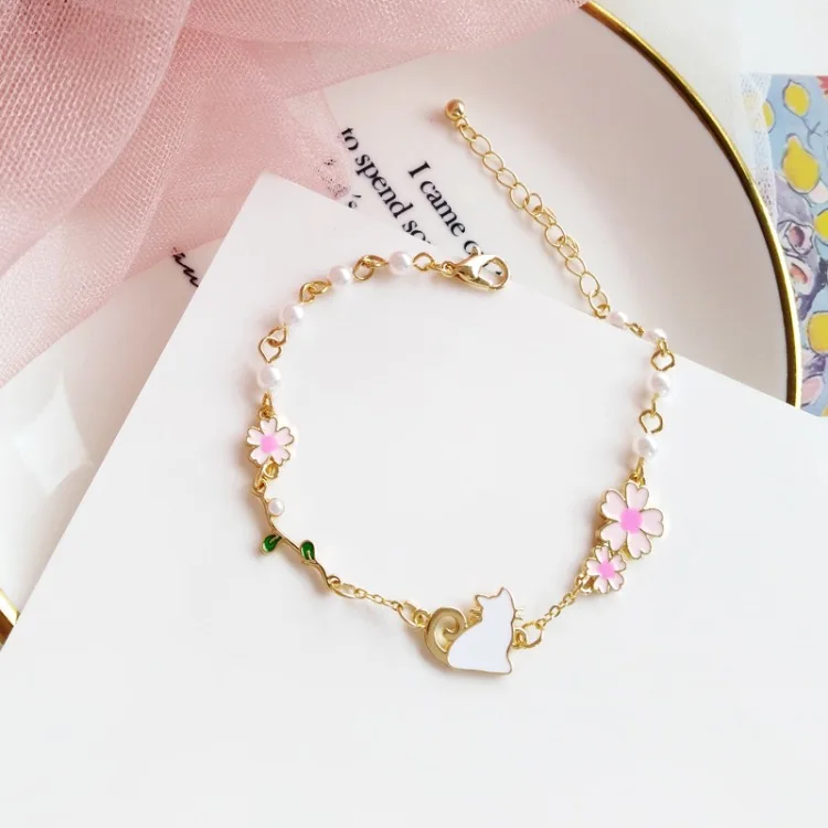 Корейский милый кот Вишневый цветок браслеты для женщин Сладкий сон подростковое сердце браслет с жемчужными подвесками дикие ювелирные украшения в подарок