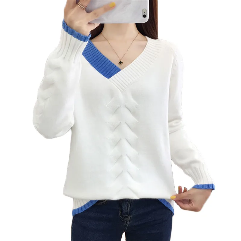 Женский свитер, свободный, сшитый, цветной, длинный рукав, свитера, Осень-зима, корейский, мягкий, эластичный, теплый, вязаный свитер, Feminina LD703 - Цвет: White
